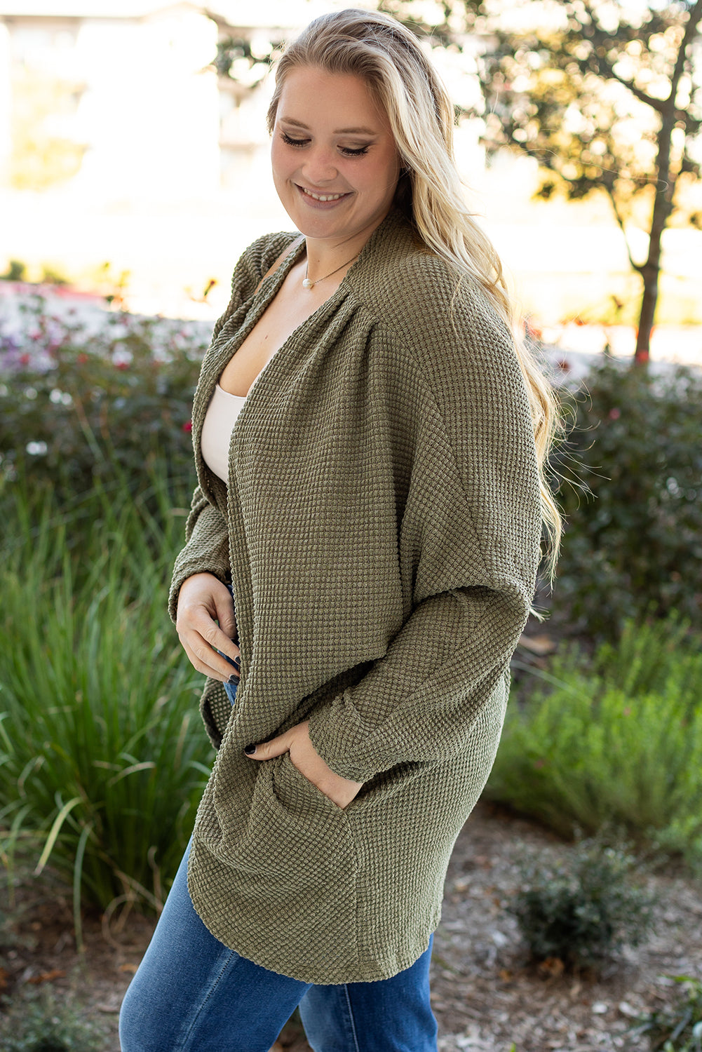 Seagrass Waffle Knit Drop Shoulder Cardigan Plus Size Dear-Lover Dropshipping